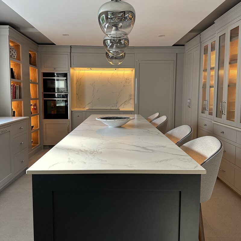 Bespoke painted kitchen with a marble-effect island